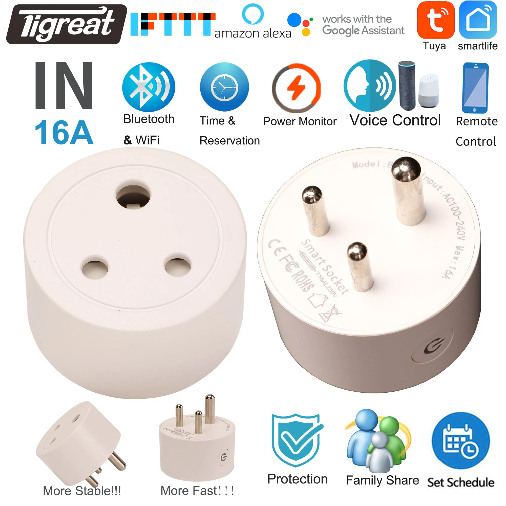 Tigreat WiFi Smart Plug IN، 16A-Bluetooth-Timer/Voice/Remote Control-Tuya/SmartLife/Alexa/Ifttt/Google Home Automation Socket