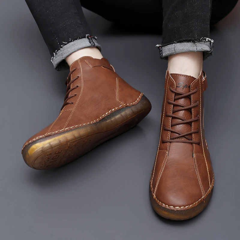 

Men High Top Boots PU Flat Bottom Handmade Stitching Comfortable Classic Men Boots Sizes 38-47