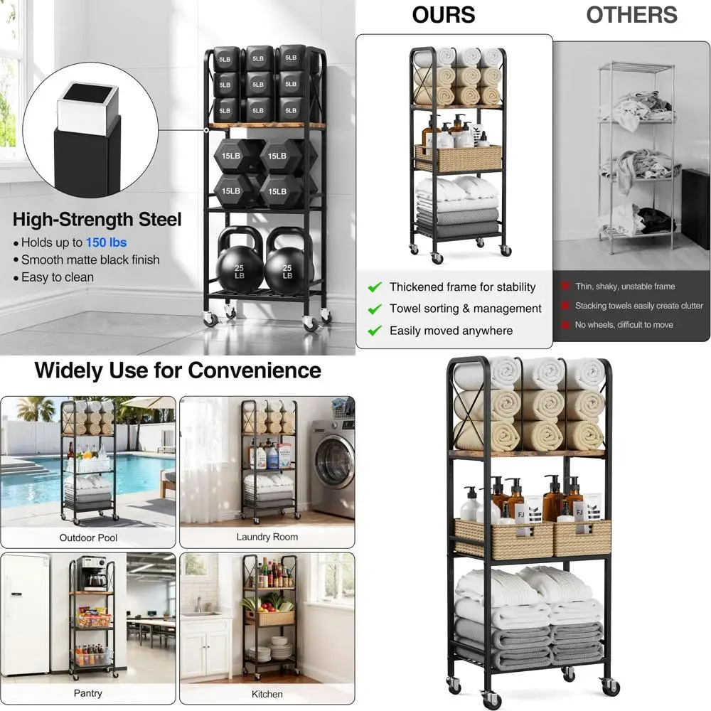 

3-Tier Portable Towel Rack with M-Shaped Dividers for Bathroom and Pool Use