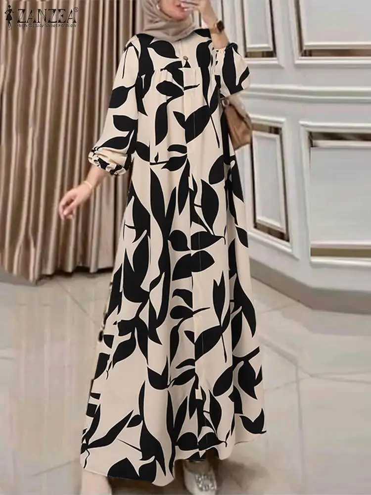 ZANZEA Casual O Neck Maxi Dress Muslim Fashion Islamic Ruffled Women A-line Vestidos Long Sleeve All-Over Printed Abaya Robes