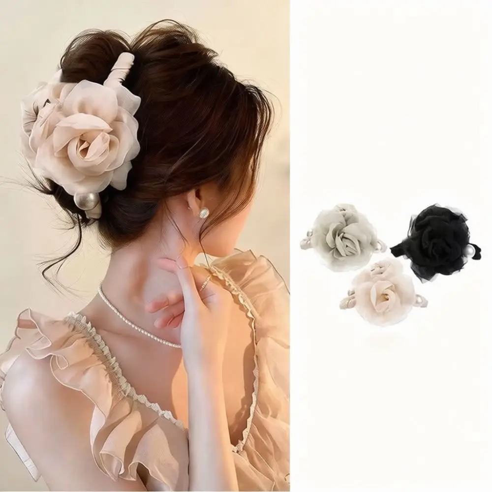 Luxury Flower Pearl Hair Claw Matte Mesh Camellia Shark Clip Elegant Headwear For Women Daily Hairstyle Decorative Accessories
