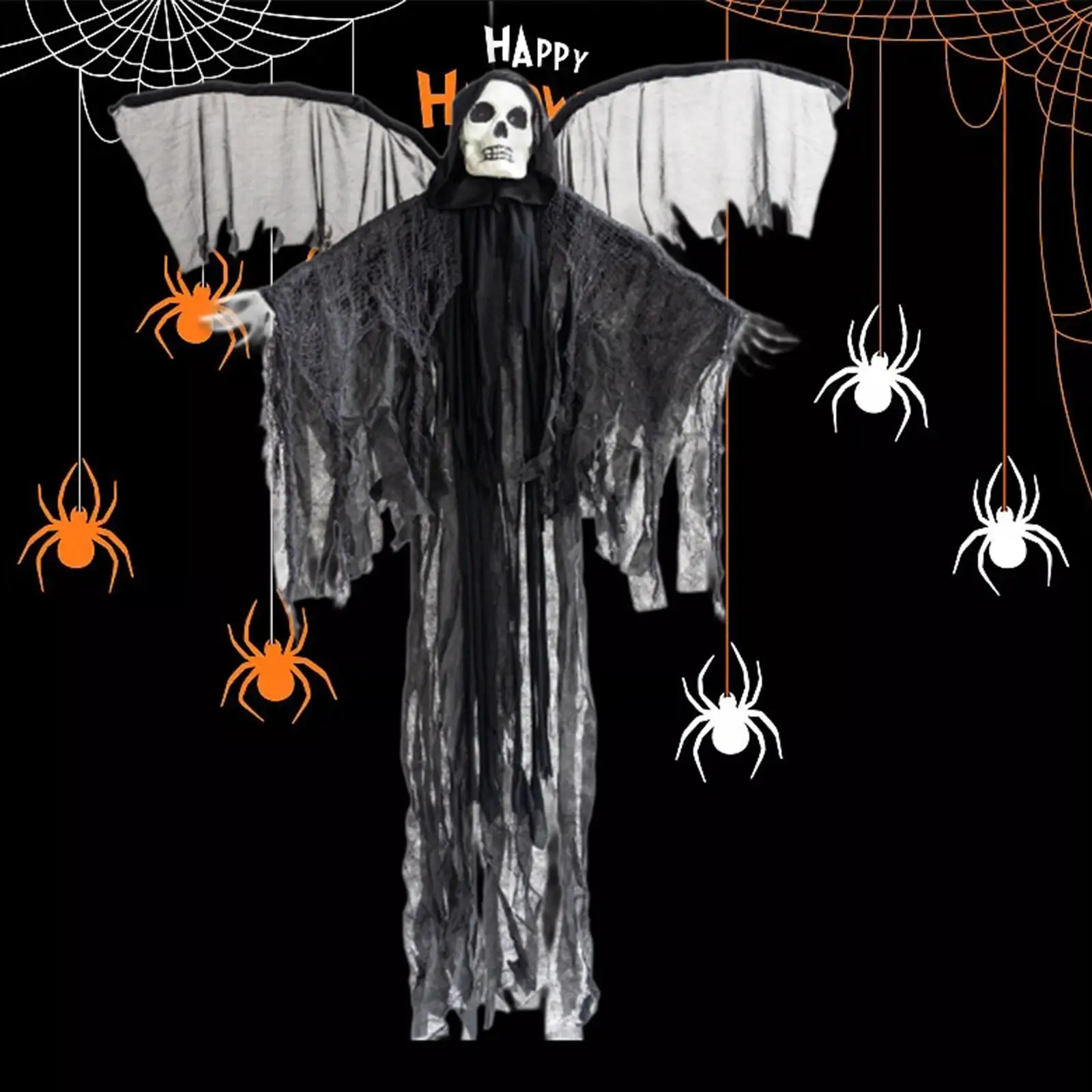 

Electric Halloween Horror Hanging Skeleton Ghost Spooky Sounds Realistic with Wings 59inch Tall for Carnival Lightweight