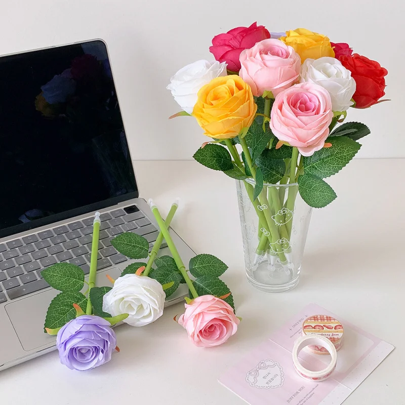 Artificial Rose Ballpoint Pen Creative Floral Sign Pen Valentine's Day Teacher Gift Wedding Souvenir Decorative Ball Pen