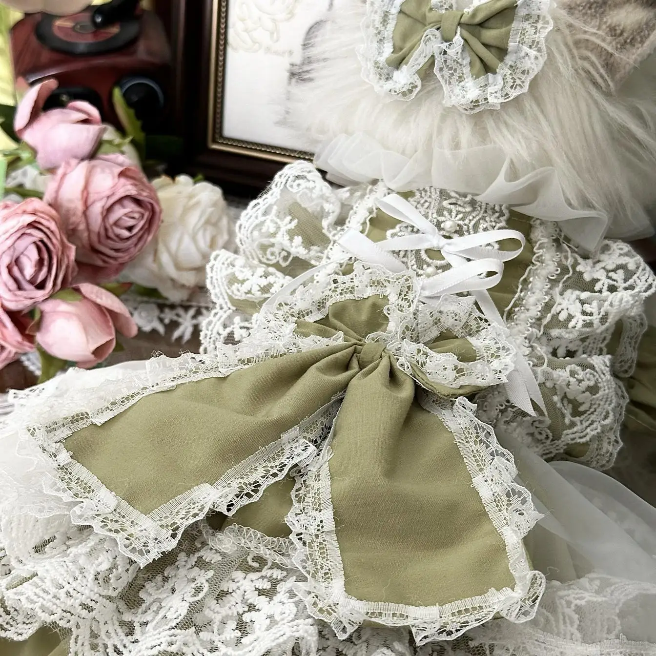 Retro Fashion Matcha Green Pet Dog Clothes Pure Cotton Handmade Lace Bow Princess Dresses For Small Medium Dog Chihuahua Poodle