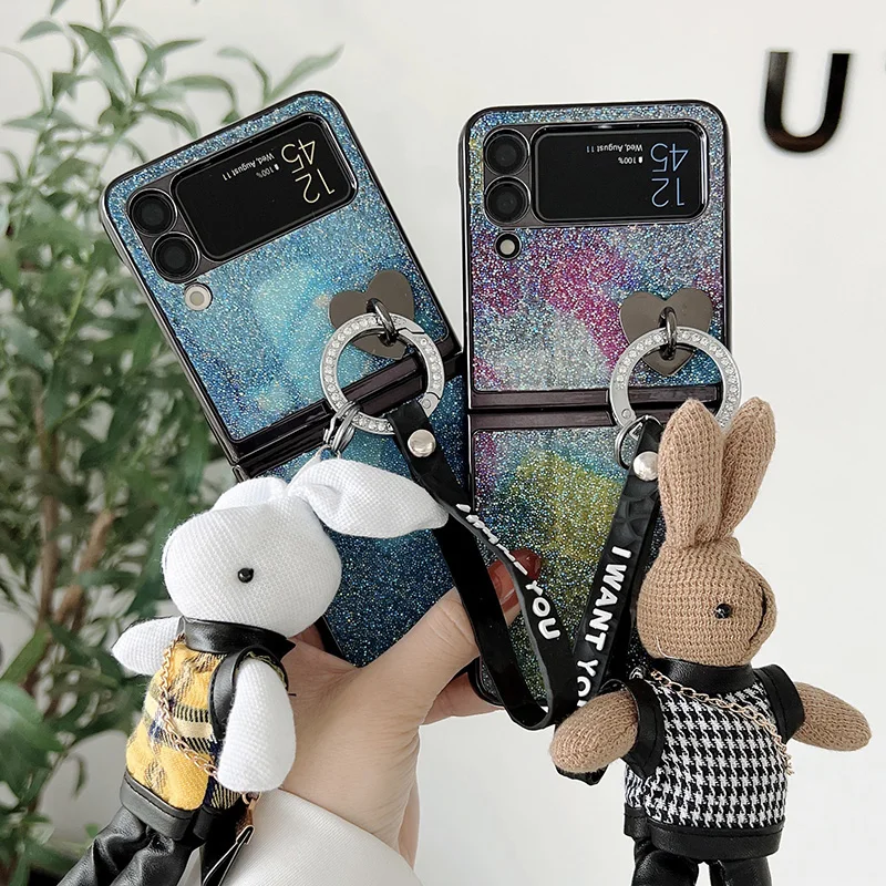 Flip Glitter Phone Case For Samsung Galaxy Z Flip Fold 5 4 3 Z With Bunny Charm Knitted Rabbit Doll Strap Foldable Phone Cover