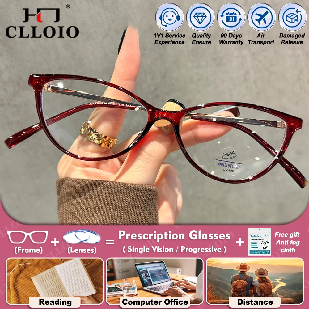 

CLLOIO Retro Casual Cat Eye Myopia Hyperopia Prescription Glasses High Quality Women Anti Blue Ray Multifocal Reading Eyeglasses