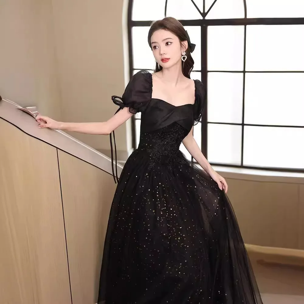 Pailletten schwarz Abendkleid Französisch Puff Ärmel von der Schulter Cocktail Party Kleid elegante Schnürung lange Hochzeit Brautjungfer Kleider