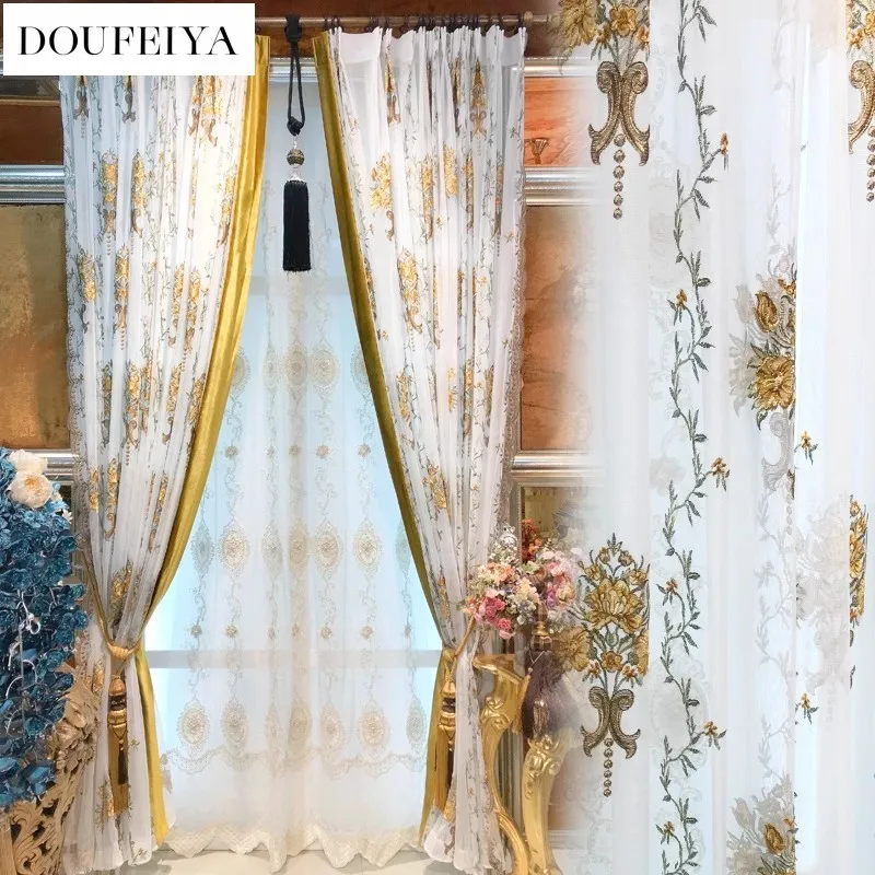 

Custom Size European Elegant Romantic Yellow Embroidery Craft Embroidery White Tulle Curtains for Living Dining Room Bedroom