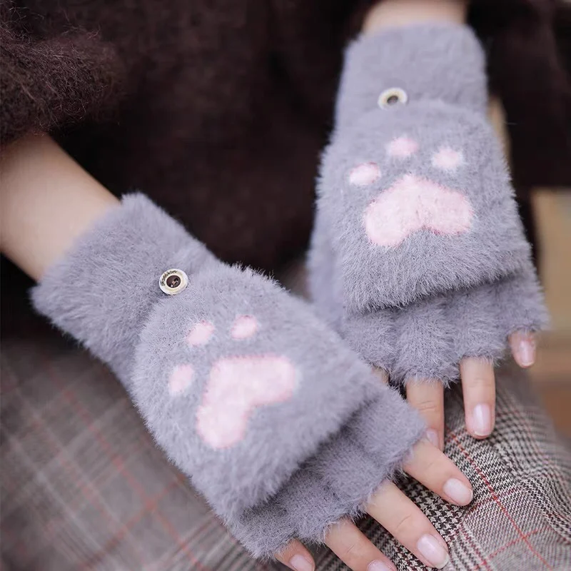 Female Warm Knitted Half Finger Flip Gloves Women Cute Cat Paw Plush Gloves Fashion Knitted Woolen Autumn Winter Thick Gloves