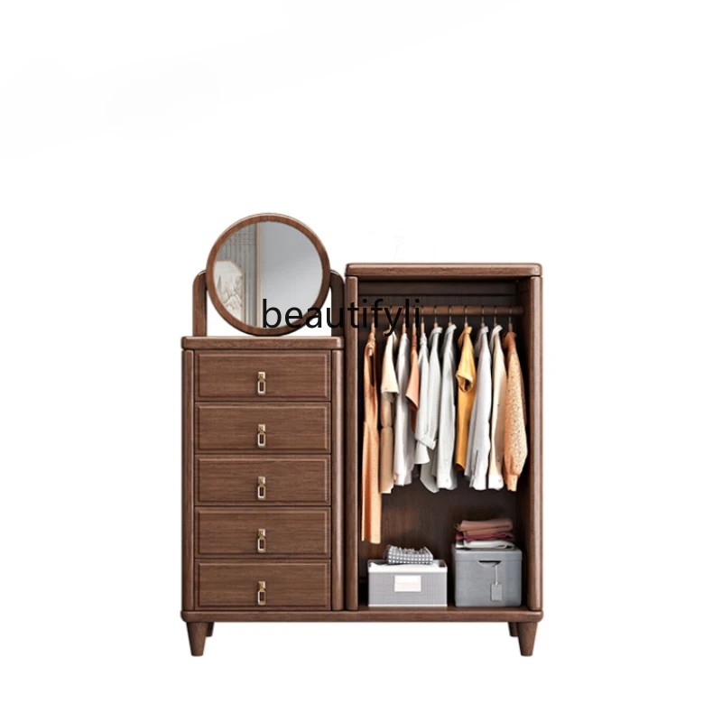 

Solid Wood Chest of Drawers Walnut Bedroom Dresser Bedside Table Wardrobe Room Storage Little Closet with Mirror