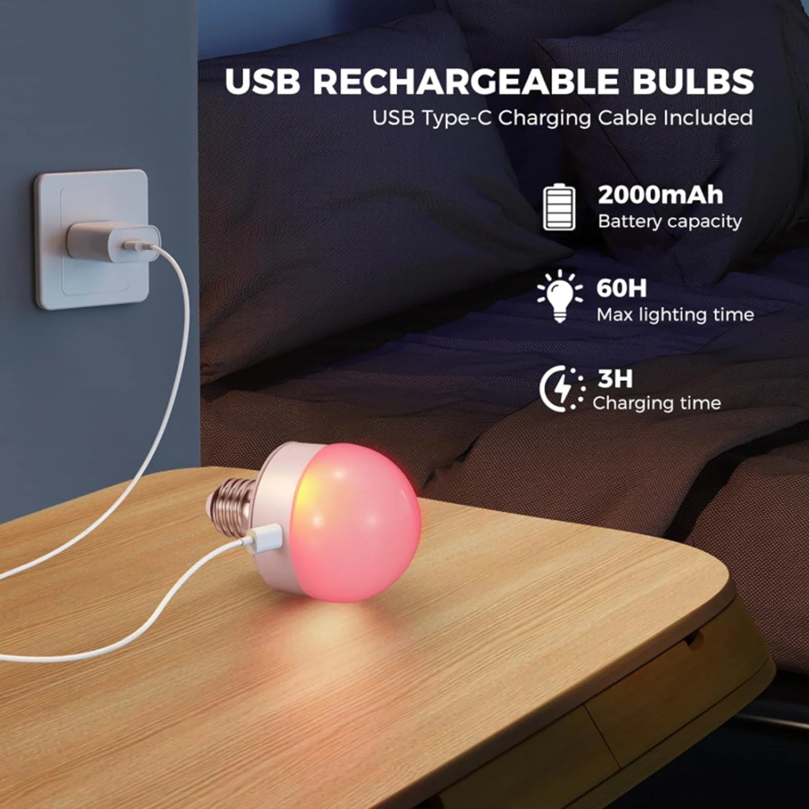 GGbingo 3 Color Temperatures Rechargeable Light Bulbs Remote Control Battery Operated Light Bulb with Timer Dimmable Lamp