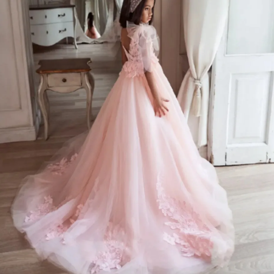 Encantador vestido de flores para niña, apliques de tul de lujo, bautismo, Princesa, boda, fiesta de cumpleaños, primera comunión