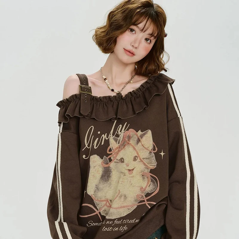 

Women Korean Cat Print Sweatshirt Sweet Ruffles Sexy Off Shoulder Top Loose Lazy Long Sleeve Spring Fall Harajuku Y2K Pullover