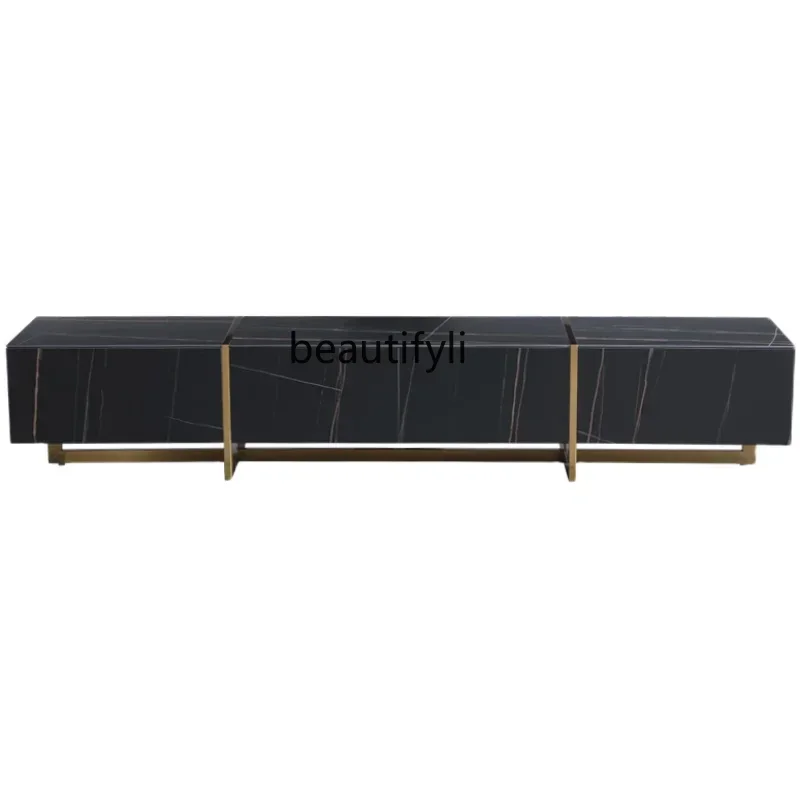 Black Stone Plate TV Cabinet Modern Light Luxury Household Storage Stainless Steel Marble Floor Cabinet