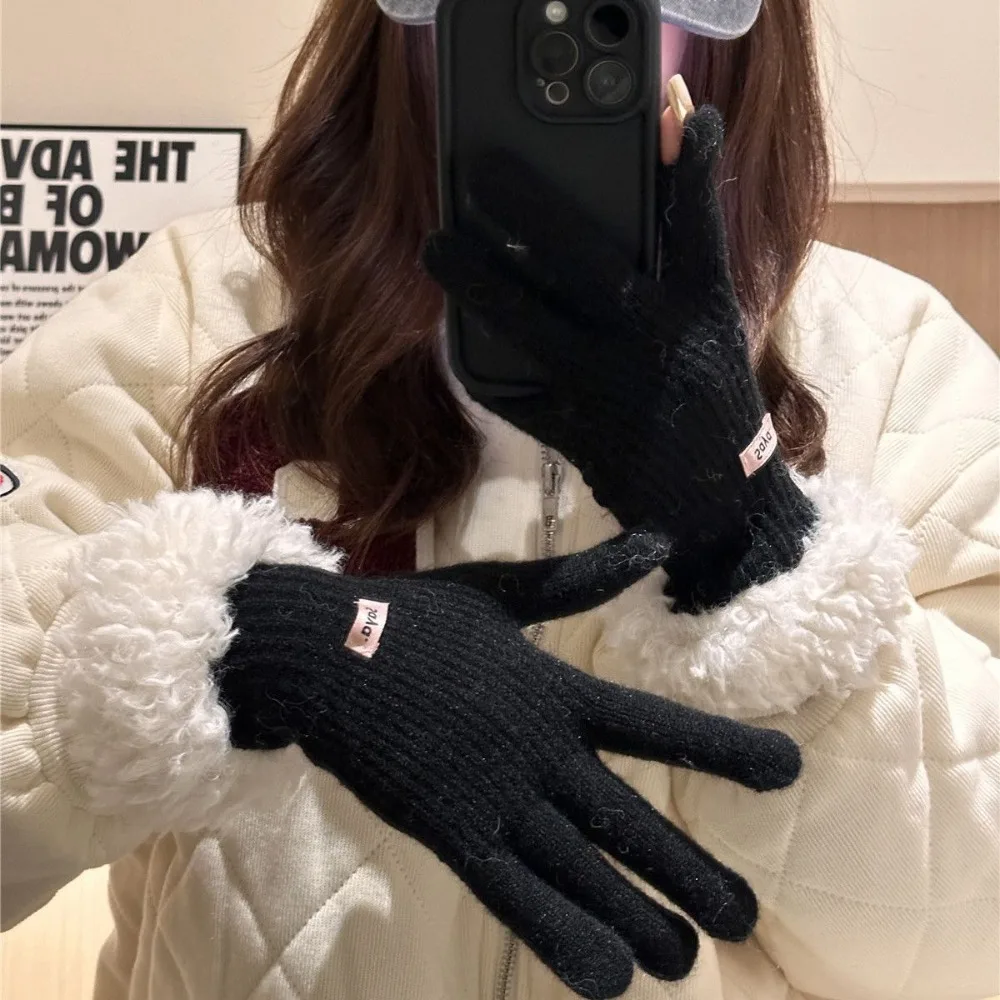 Finger-splitting Plush Edges Gloves Keep Warm Windproof Lamb Wool Gloves Korean Style Full Finger Touch Screen Gloves Outdoor