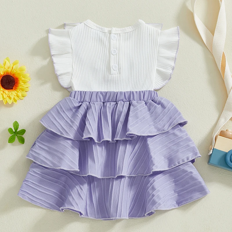1-4Y Baby Girl Summer Sweety Princess Dress Casual Short Sleeve Doll Collar Bow Front Dress Toddler Kids Patchwork Cake Dress