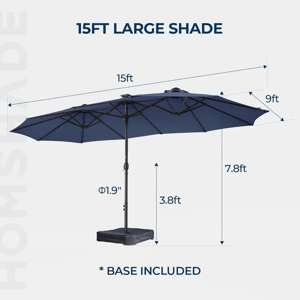 Double Sided Patio Umbrellas - 15ft Solar Lights LED Lighted Outdoor Extra Large Market Table Umbrella with Base Included, Overs image 5