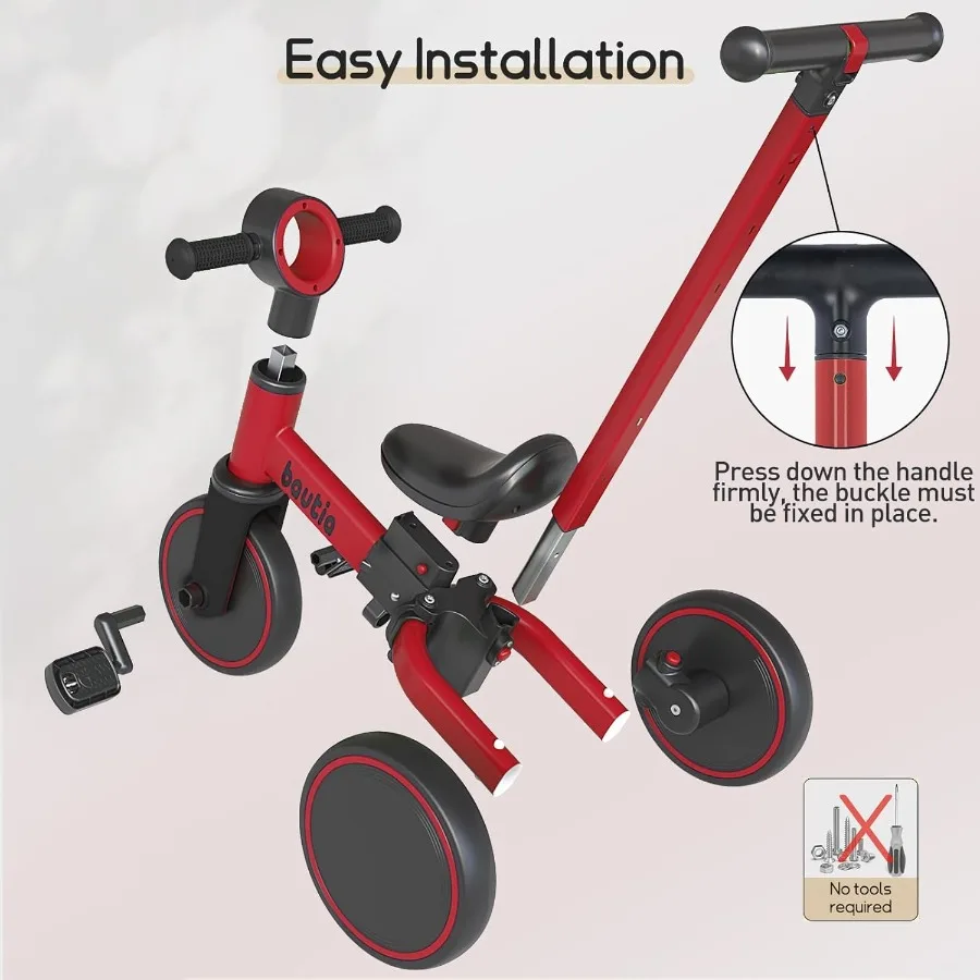 Tricycle for Toddlers 1-3 with Push Handle 5 in 1 Baby Balance Bike Toy for 1-4 Years Old Boys Girls Gift with Removable Pedals