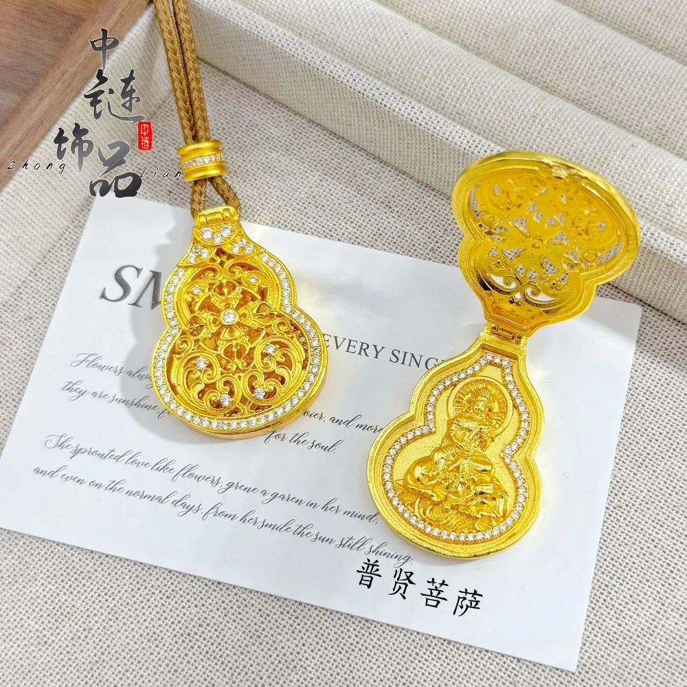 Hollowed-out filigree open-close lotus-shaped Huayan Bodhisattva pendant with diamonds, a portable Buddha. 9999gold