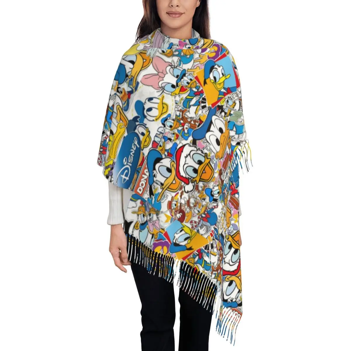 

Женские длинные шарфы с рисунком Дональда Дака на заказ, женские зимние толстые теплые шаль с кисточками, шарф в стиле аниме Kawaii