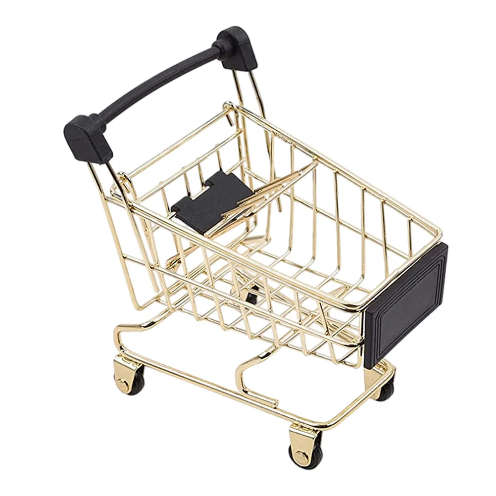 

Golden Mini Shopping Cart Basket Metal Trolley nament Mini Trolley Handicraft Mobile Phone Bracket Pen Desk Decor Pen