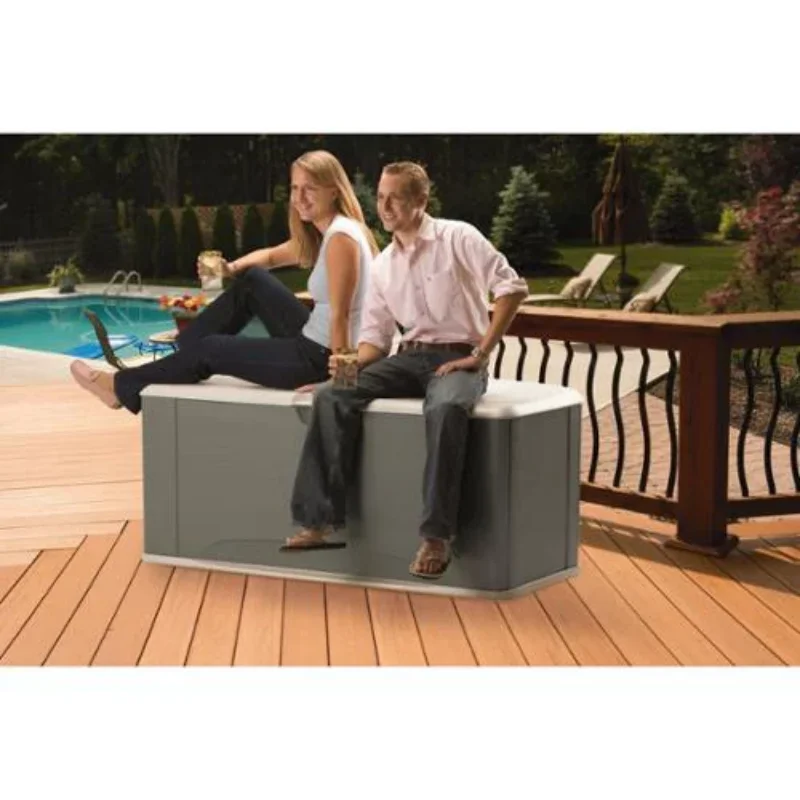 Rubbermaid Outdoor Extra-Large Deck Box Outdoor Storage Box with Seat, Gray & Brown, 121 Gallon