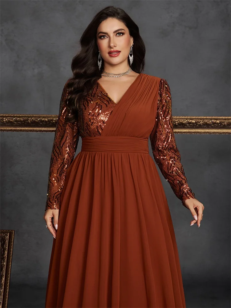 Lucyinlove Plus Size Luxury Chiffon Splicing Long Sleeve Evening Dresses Women Sequins Wedding Party Cocktail Floor Lenght Gowns image 6
