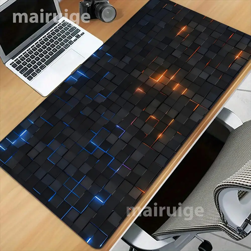 3Dブロックネオンライトマウスパッド 大型コンピューターオフィスゲームテーブルマットXXL ラバー滑り止めステッチキーボードマット ロングデスクパッド