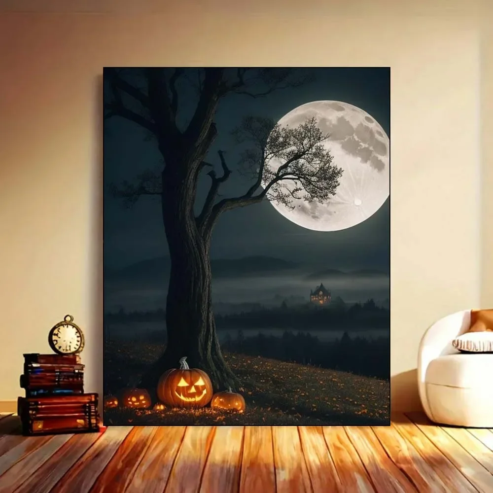 

Полнолуна с деревом и тыквой в ночном небе, холст, набор цифровой масляной живописи «сделай сам», для начинающих, взрослых, безрамный