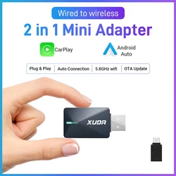 XUDA 2025 Mini Wired to Wireless 2 in 1 AI Box Carplay 5G Wif & Bluetooth 5 Android Auto Plug and Play Non-inductive Connection