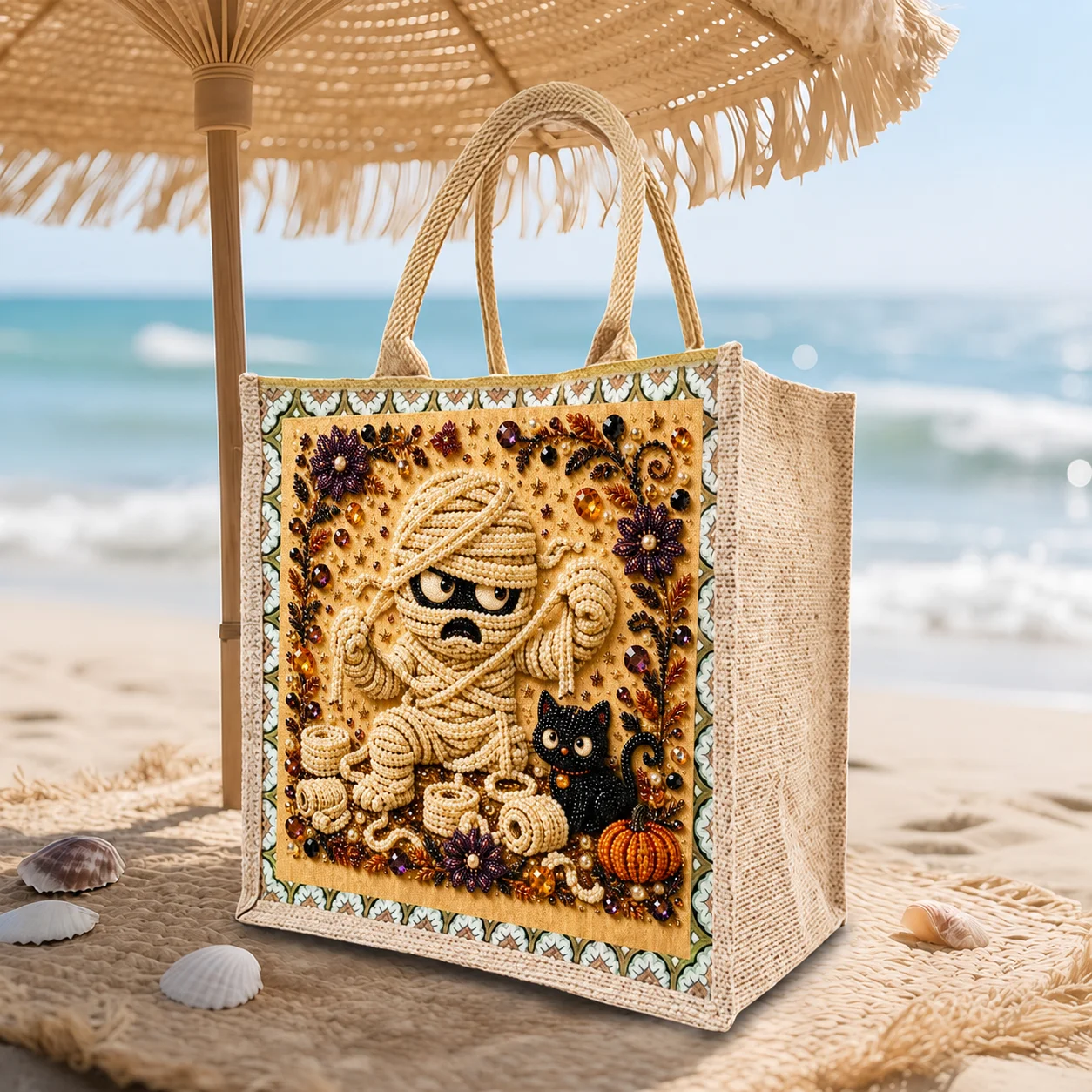 Eco Friendly Grocery Bag DIY Diamond Art Halloween Mummy Black Cat Burlap Shopping Tote Foldable Utility Storage Handbag