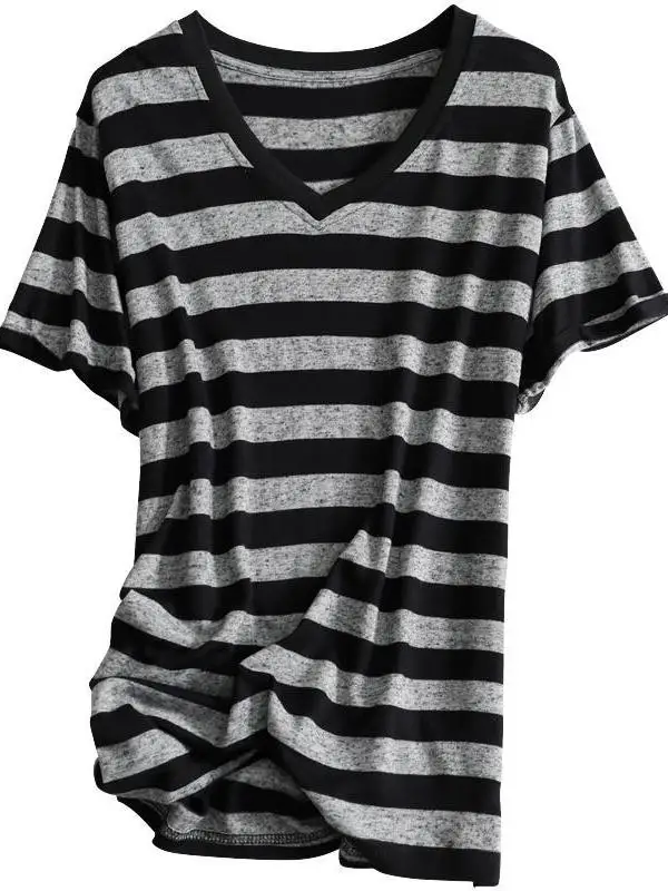 Summer New plus Size 2300 Pounds Extra Large Code plus MM Striped Mid-Length V-Neck Loose Slimming Short Sleeve Thin Top Women