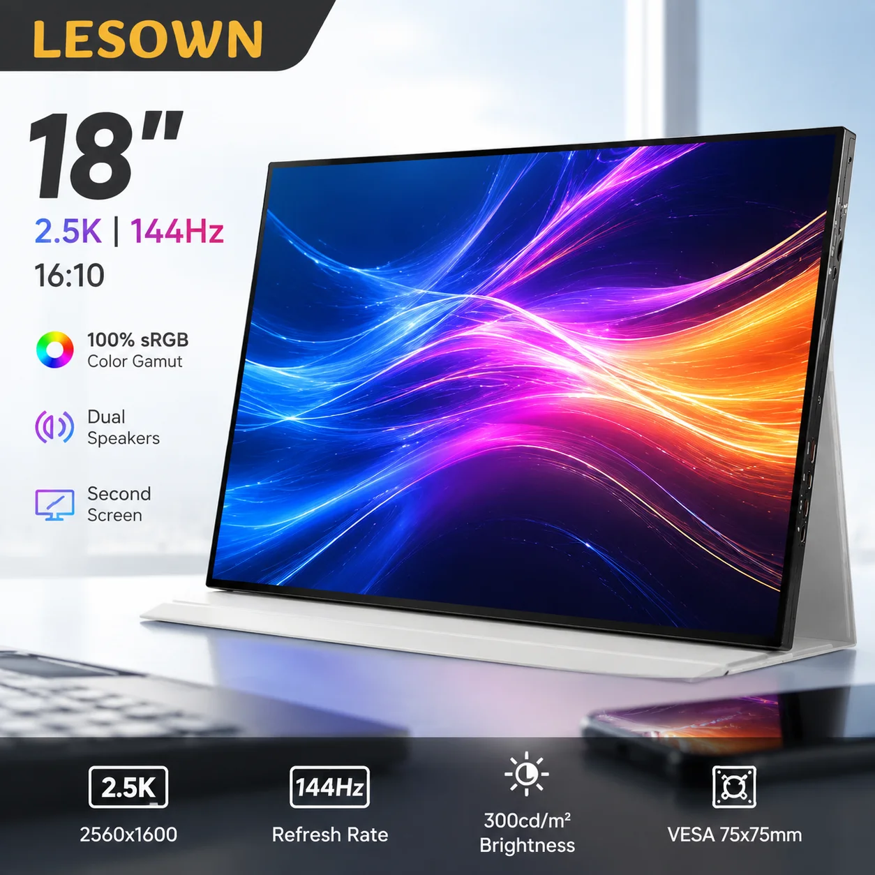 LESOWN 18 Inch 2.5K 144Hz Portable  Screen Aluminum Build Driverless for Laptop