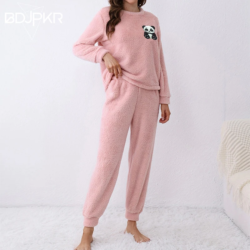 

Свитер с милой пандой, теплые и пушистые брюки для отдыха, удобные, теплые и шерстяные повседневные комплекты с аппликацией, уютная зимняя домашняя одежда