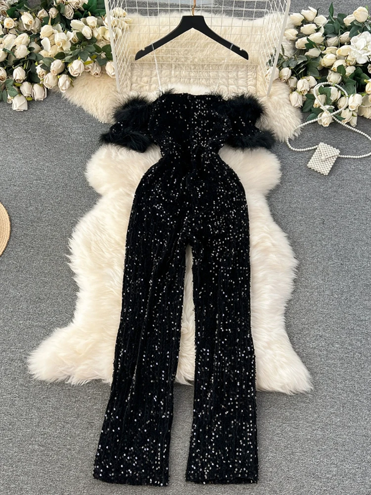 Women Off Shoulder Elegant Plush Spliced Sequins Top Light Luxury Temperament High Waist Wide Leg Pants Jumpsuit - Image 4