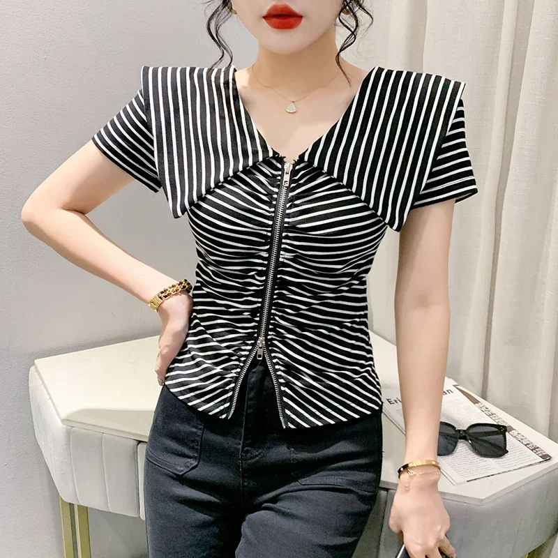 

2024 New Summer European Clothes T-Shirt Women Chic Sexy V-Neck Sailor Collar Double Zippers Stripe Tops Short Sleeve Tees J73