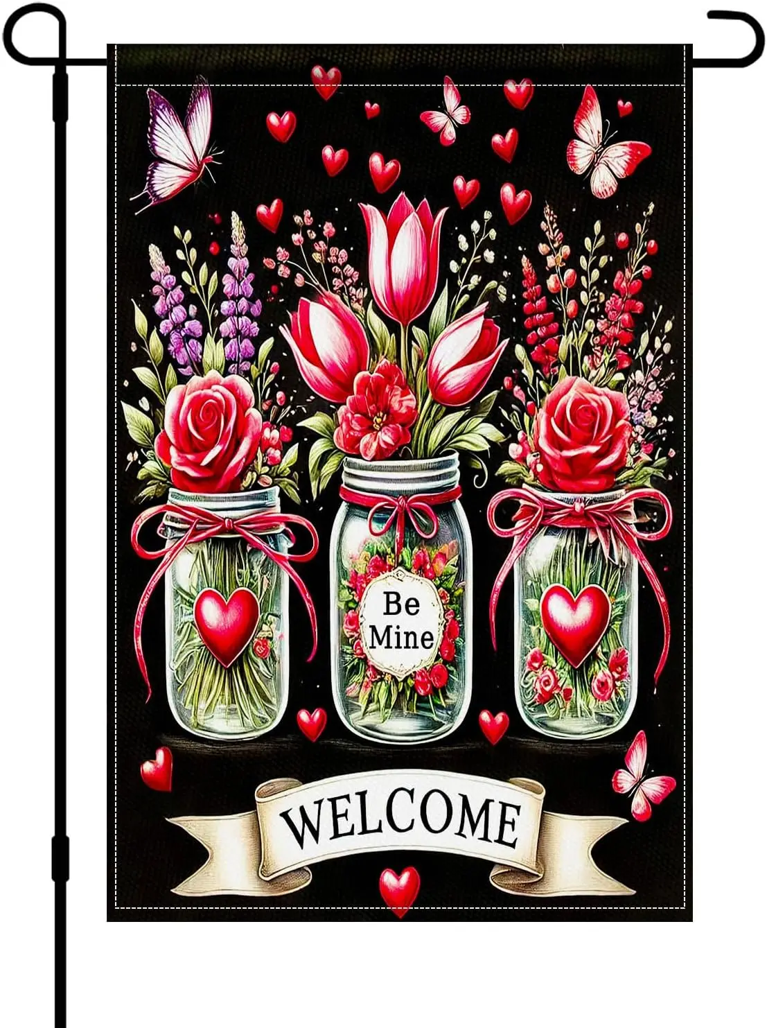 HOMETITUTE Valentine Welcome Garden Flag 12x18 Double Sided Be Mine Mason Jar Flowers Hearts Butterflies Rustic Floral Outdo AAS