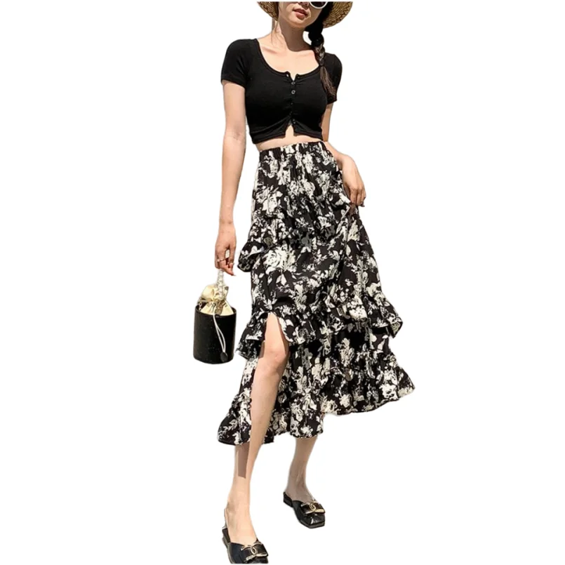 Summer New Chiffon Feminine Medium Length Skirts Hot Selling Vintage Printed Elastic Waist Elegant High Split Chic Thin Vestidos