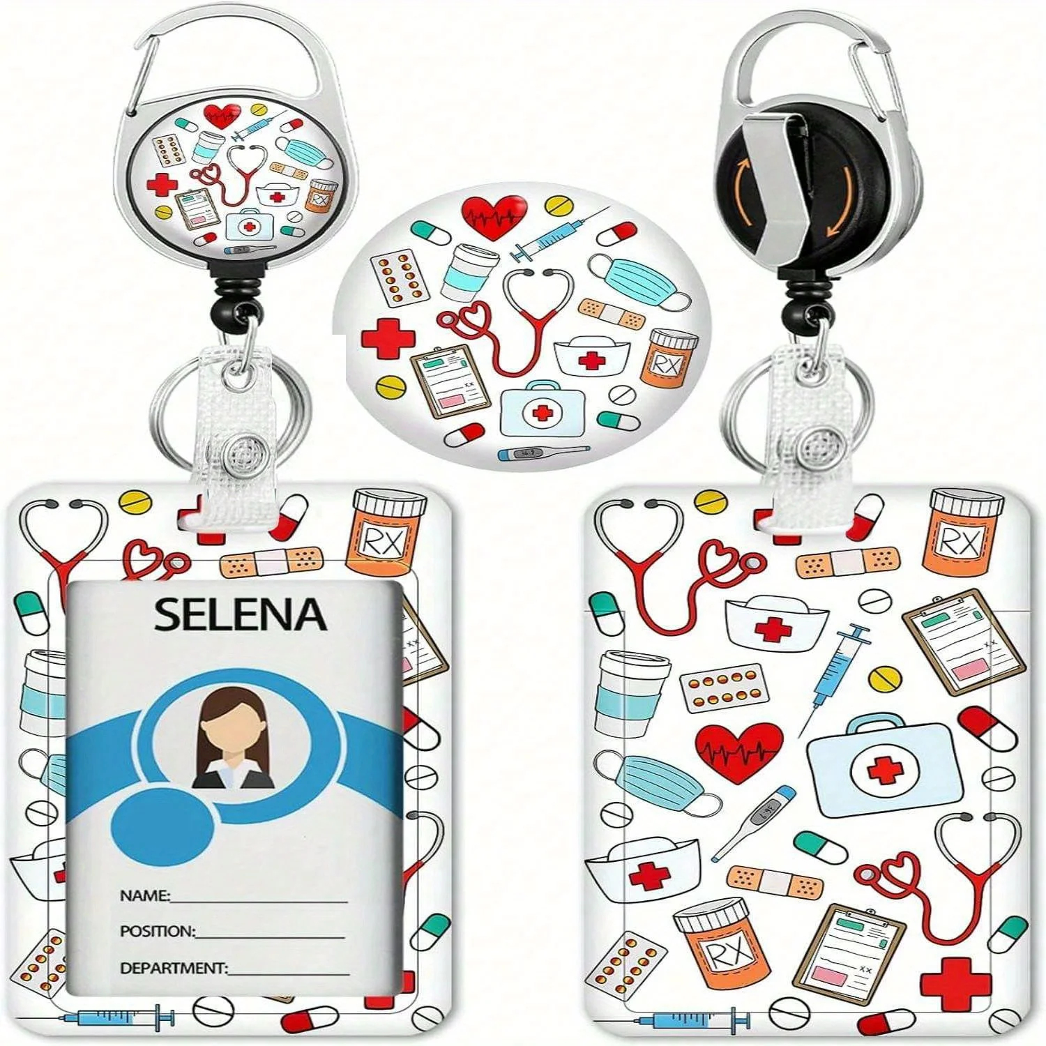 Porte-badge avec bobine rétractable, étiquette de nom d'identification, mousqueton, Clip de protection de carte verticale, étui pour médecin et infirmière