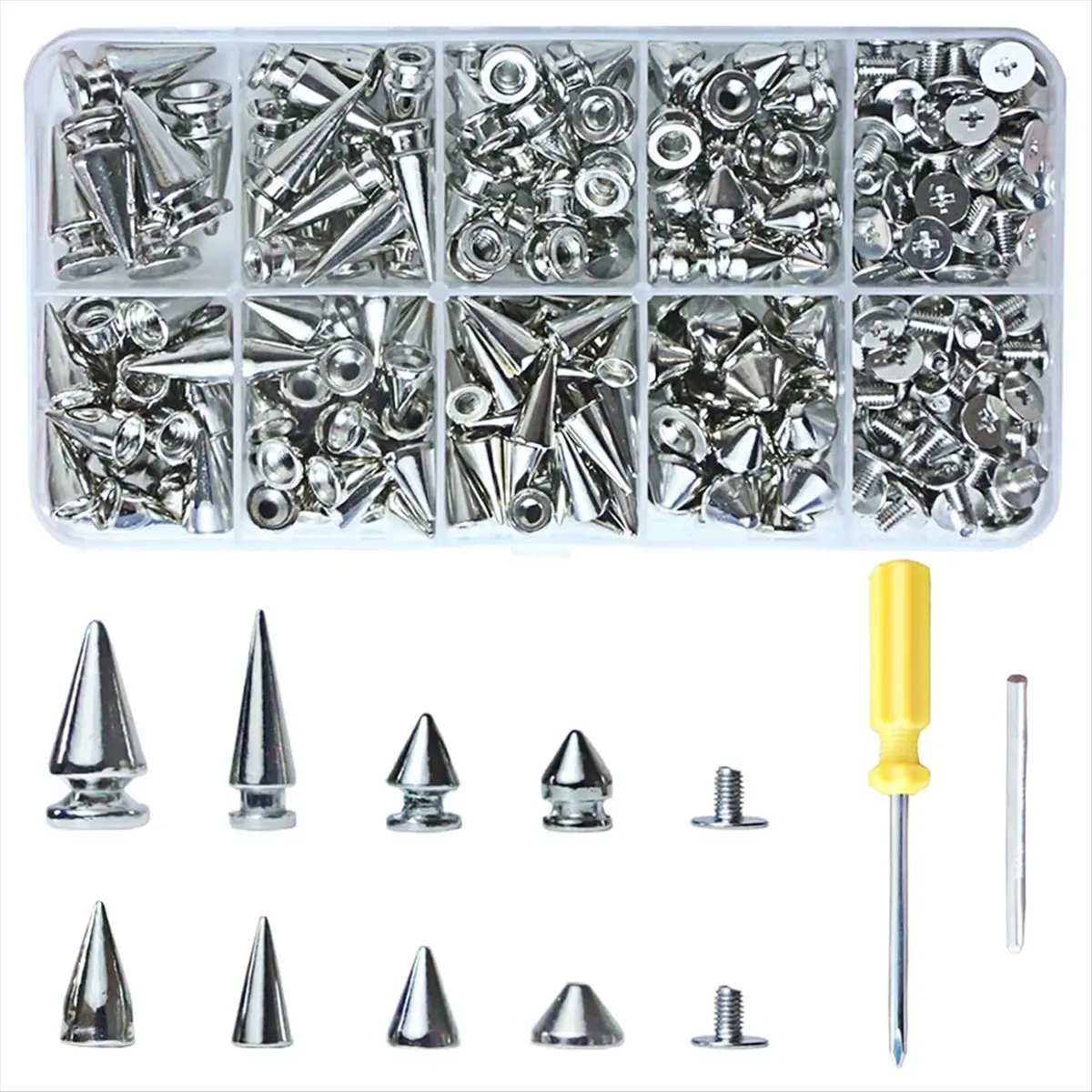 #97F 354 PCS Punk Spikes and Studs Kit,8Size Cone Spikes,Metal Tree Spikes,croc replacement rivets,(zinc alloy)
