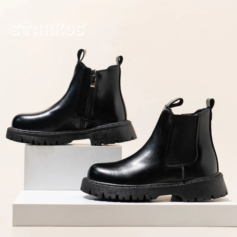 

Classic Black Leatherette Chelsea Boots For Kids Girls Winter Thick Sole Warm Plush Ankle Booties Child Slip-on Short Botas