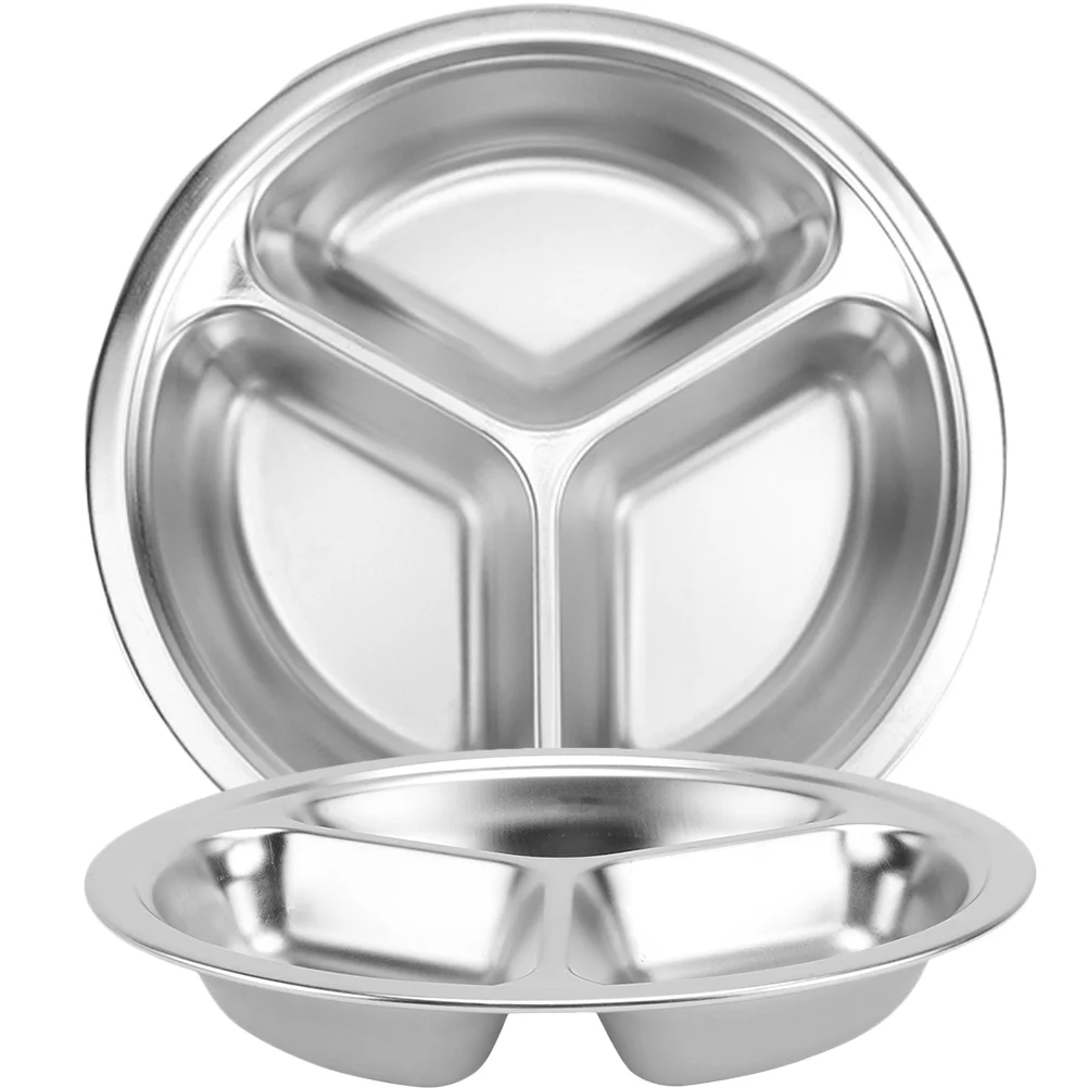 

2 Pcs Three Compartment Serving Plate Cafeteria Dinner Plates Heart-shaped Restaurant Tray Portion Control Stainless Steel