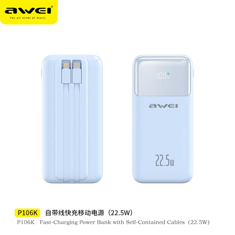 Imagem -05 - Awei P107k em Carregamento Tesouro Power Bank 20000mah com C-tipo & Lightning Linha Pd22.5w Carregador Rápido para Ios & Android Mobile Power Bank ao ar Livre