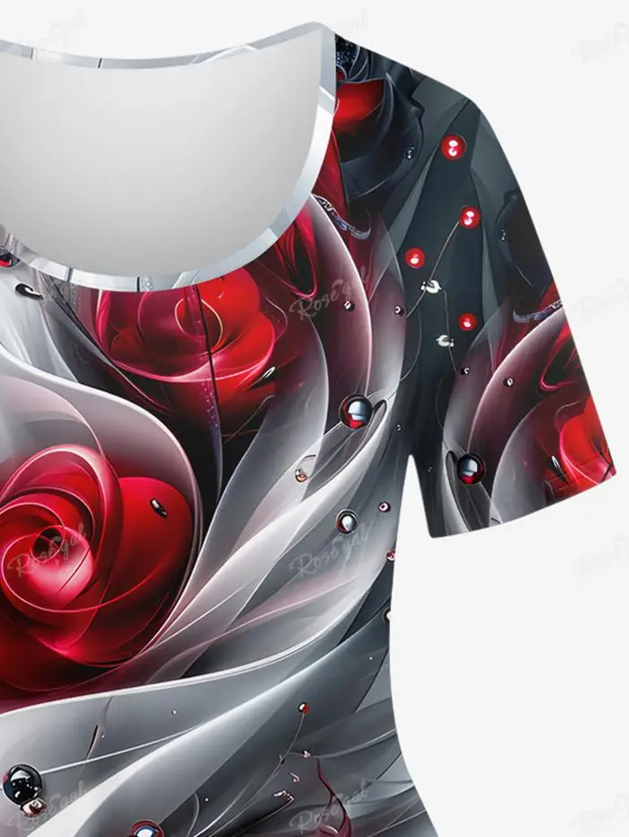 T-shirt de manga curta e leggings skinny para as mulheres, tamanho grande conjunto correspondente, 3d, feixe de luz, flor rosa, orvalho impresso, xs-6x