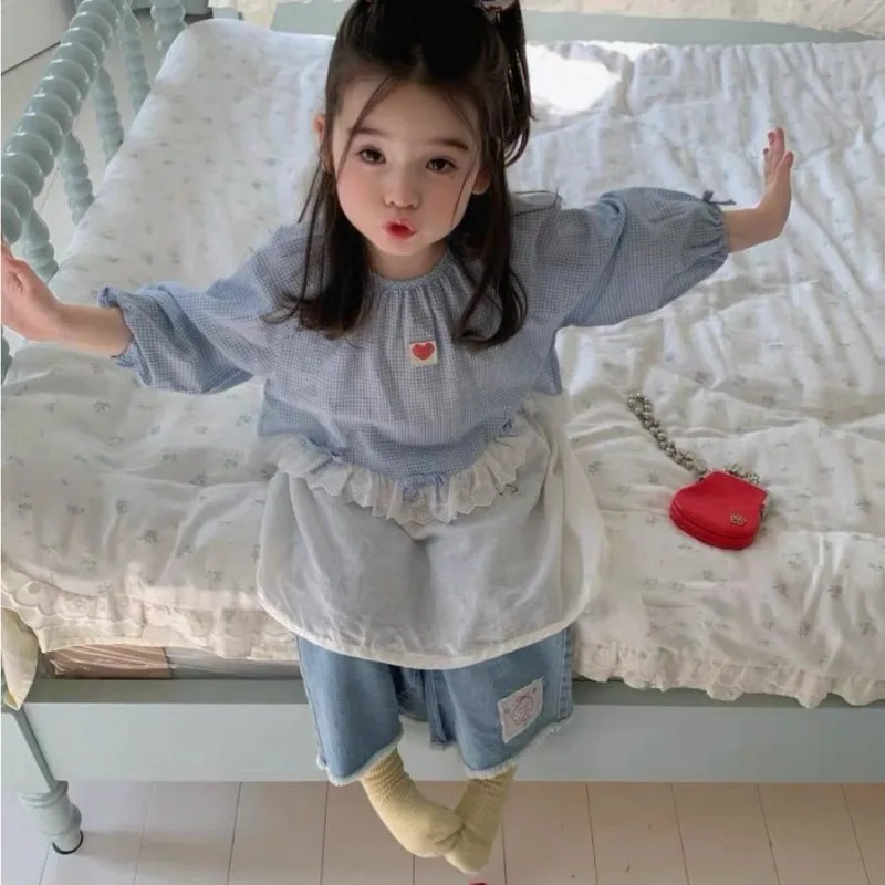 Fashionable Western Style Dress Up Girls' Shirt 2026 New Spring Baby Blue Checkered Lace Top Children's Shirt