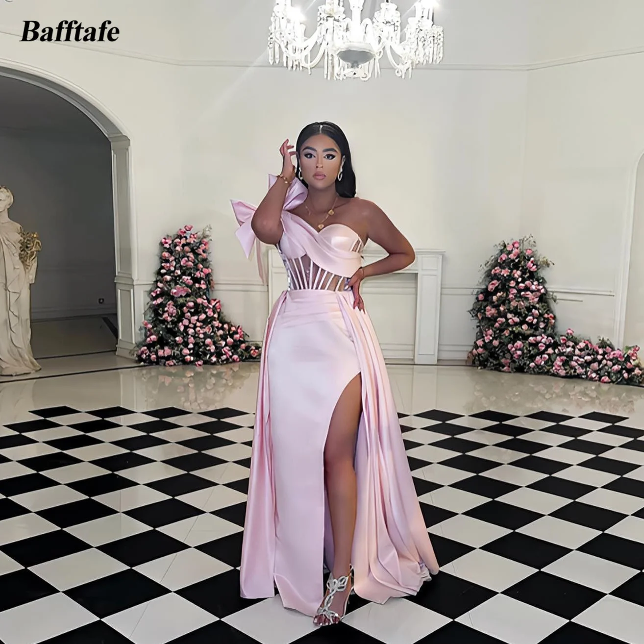 Bafftafe Pink Satin Bow Women Prom Dresses Customized Slit Formal Occasion Evening Dress Transparent Top special Party Gowns