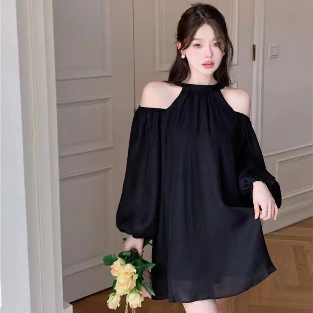 

Sweet Lantern Sleeve Off Shoulder Halter Dress Korean Style Elegant Halter Mini Dress Beachwear Thin A-line Short Skirt Party