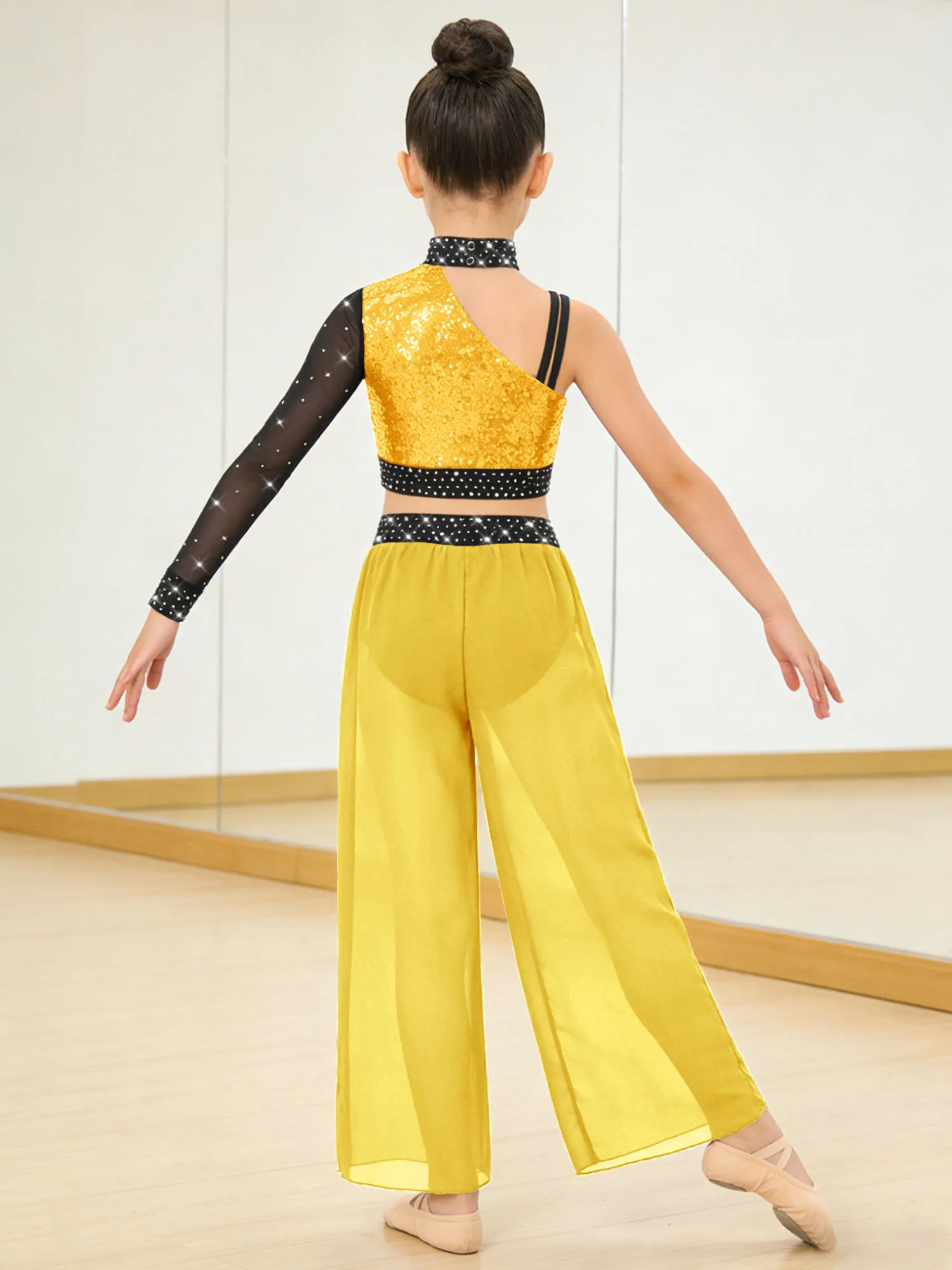Kids Girls 2pcs Lyrical Figure Skating Dance Outfits Modern Dancewear Long Sleeve Sequins Crop Top with Split Sheer Mesh Pants