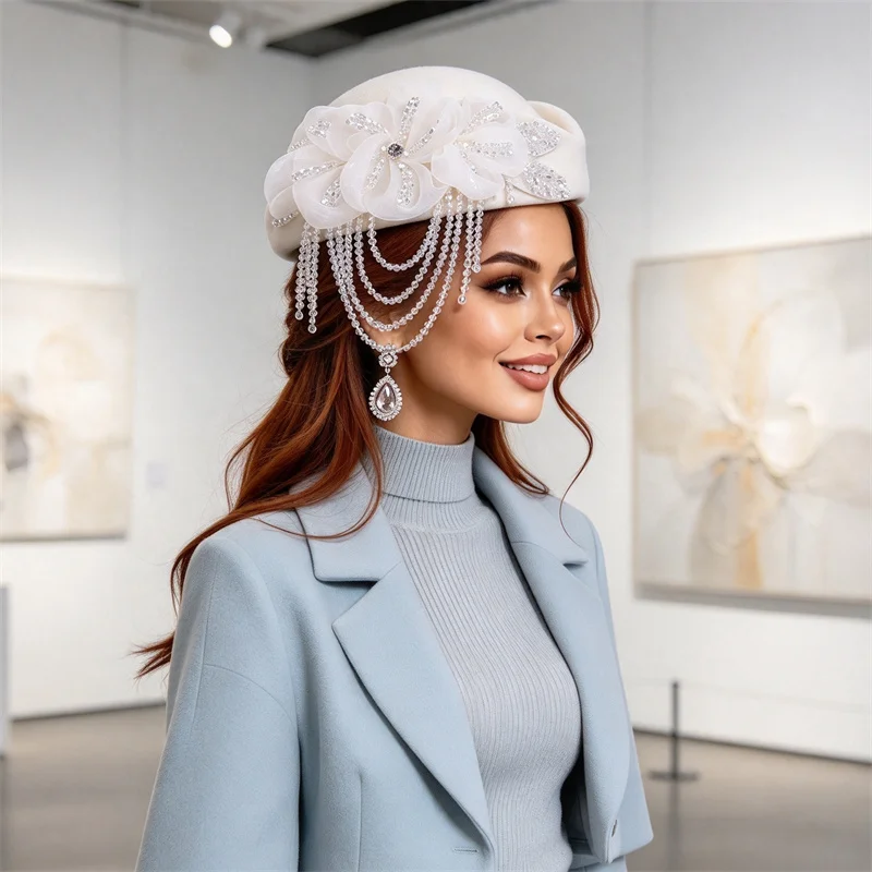 Women Formal Church Derby Beret Hat Retro Felt Material Organza Flower Crystal Beaded Tassel Wedding Banquet Cap Party Headscarf