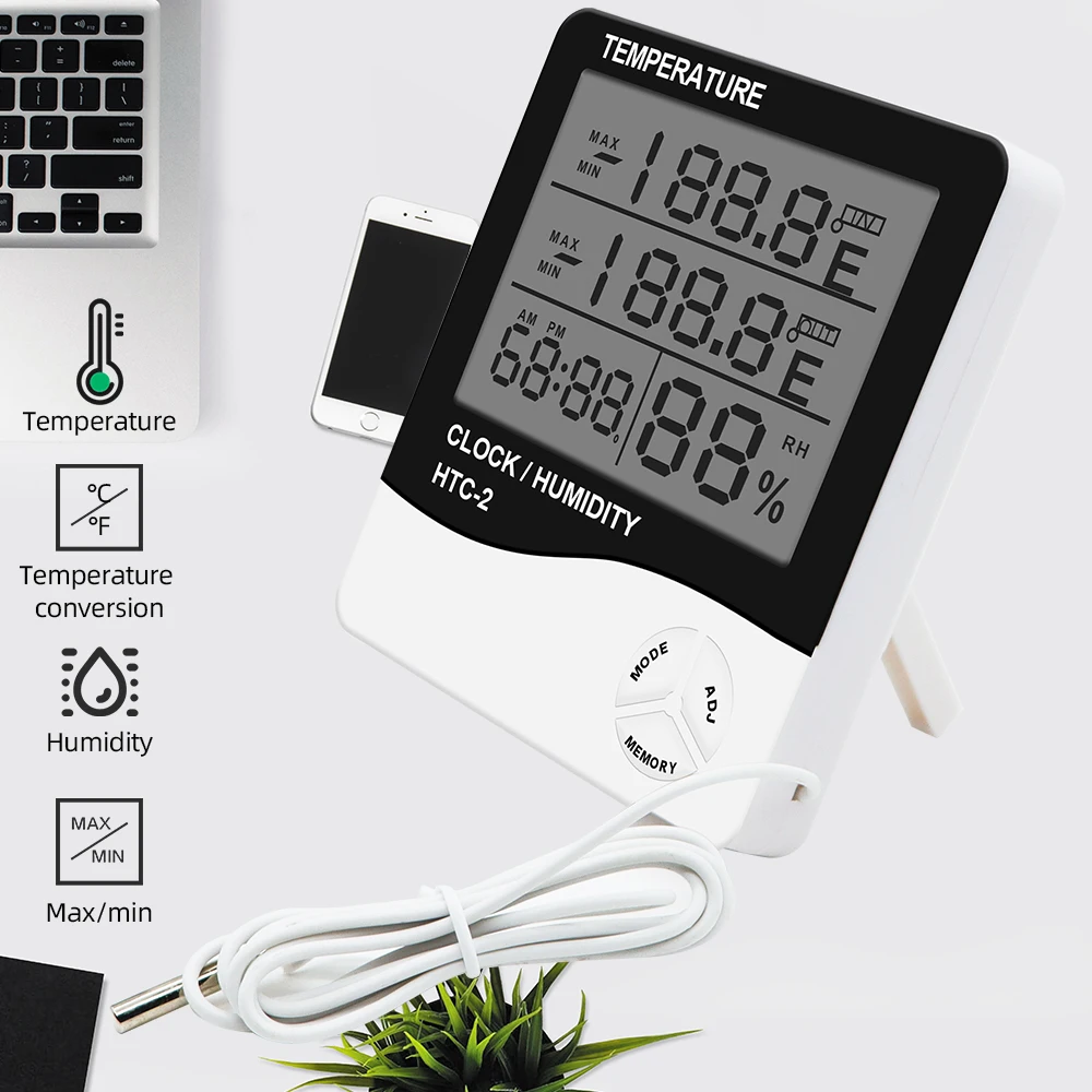 HTC-1 HTC-2 Digital Temperature Humidity Meter Electronic LCD Indoor Outdoor Thermometer Hygrometer Weather Station Clock